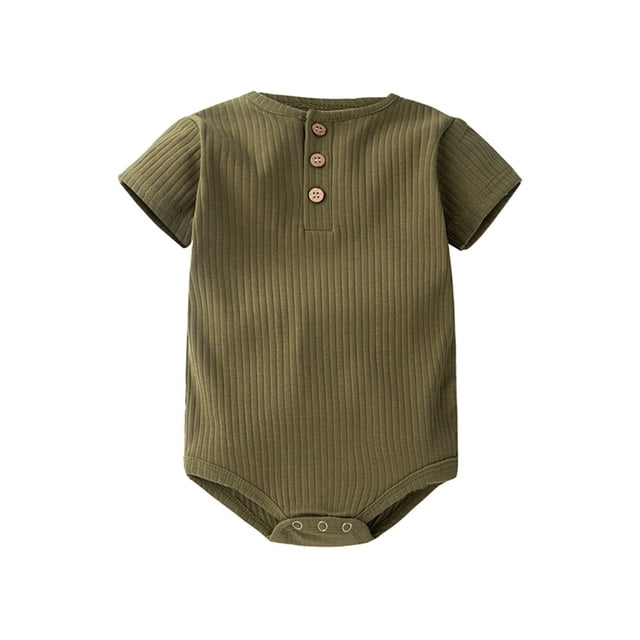 Moxiu Toddler Boy Rompers Summer Casual Cute Short Sleeve Onesie Soft Ribbed Basic One Piece Bodysuit Army Green,12-18 Months