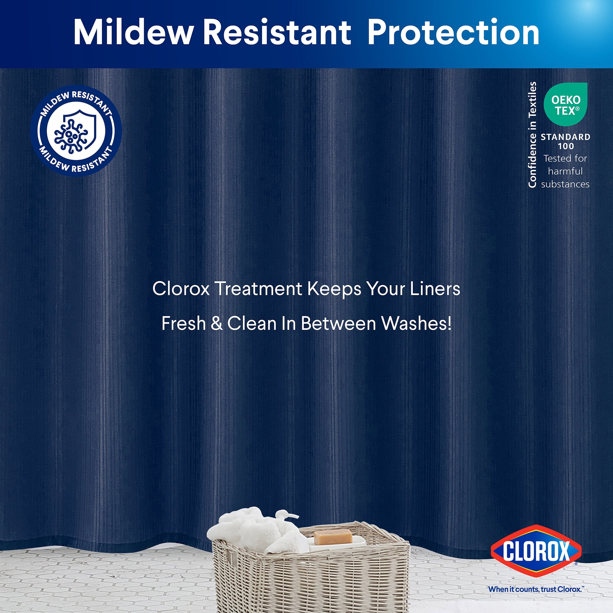 Clorox 100% Polyester Shower Curtain Set with Waterproof PEVA Liner and 12 Metal Hooks (Midnight Blue)