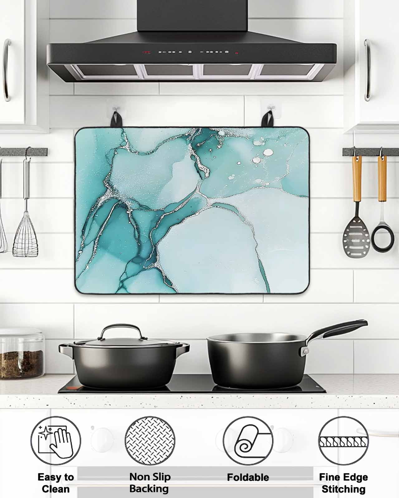 Stove Top Covers for Electric Stove, Marble Turquoise Glass Stovetop Cover Protector, Abstract Nature Cracks Silver Wavy Induction Cooktop Protector Oven Mat for Kitchen Countertop 24"x21"