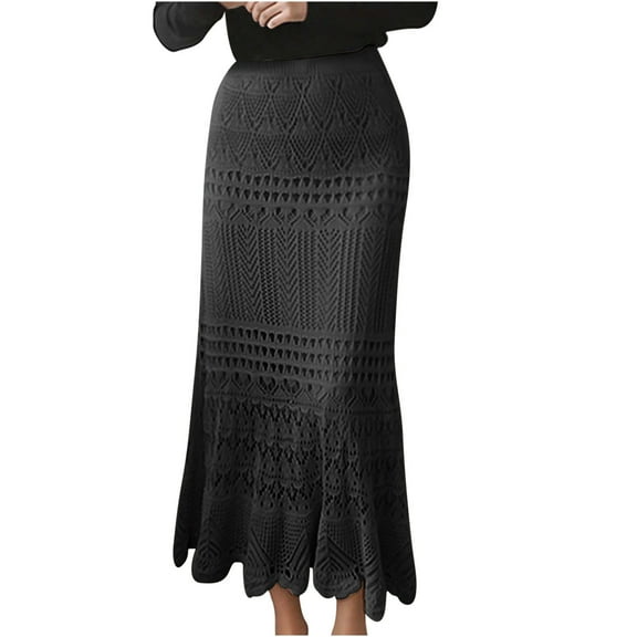 JNGSA Women's Plus Size Knitted Skirt High Waisted Loose Cutout Skirts Croetch Wrap Bodycon Skirt Elegant Maxi Skirt Black