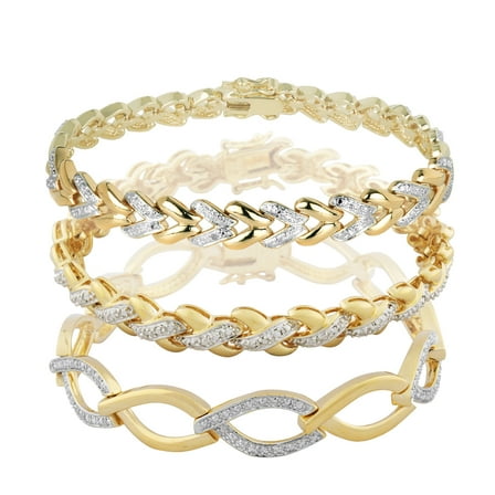Forever Facets Diamond Accent 3-Piece Stacking Bracelet Set in 18k Yellow Gold over Bronze, Adult Female