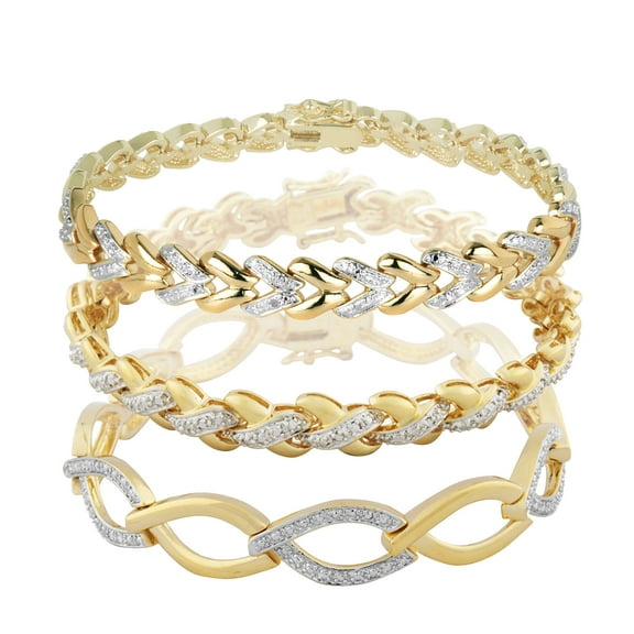 Forever Facets Diamond Accent 3-Piece Stacking Bracelet Set in 18k Yellow Gold over Bronze, Adult Female
