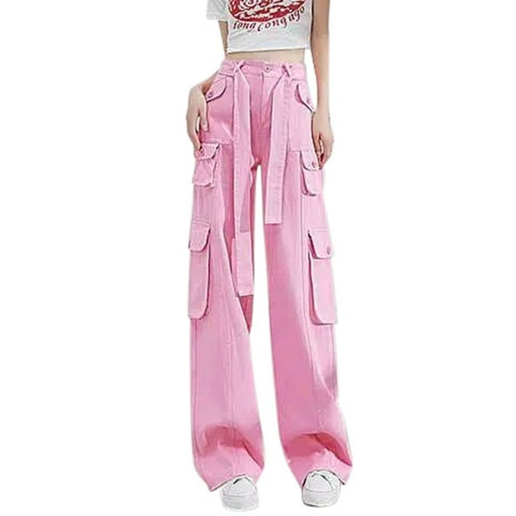 Ladies Pants Solid Color Retro High Waisted Pants with Multi Pocket Thin Wide Leg Jeans Women Dress Pants Pink M
