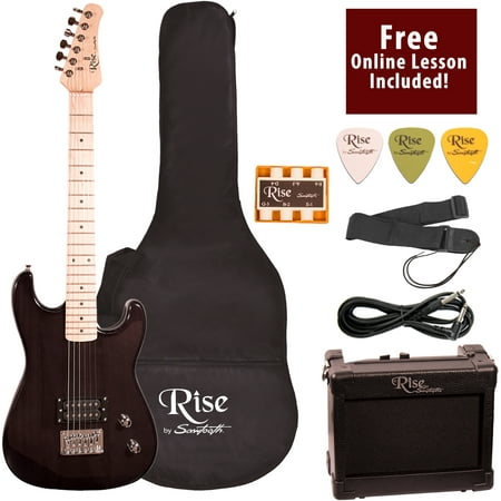 Rise by Sawtooth Right-Handed Transparent Black 3/4 Size Beginner's Electric Guitar with Amp, Picks, Cable, Strap, Pitch Pipe, Gig Bag Soft Case & Free Online