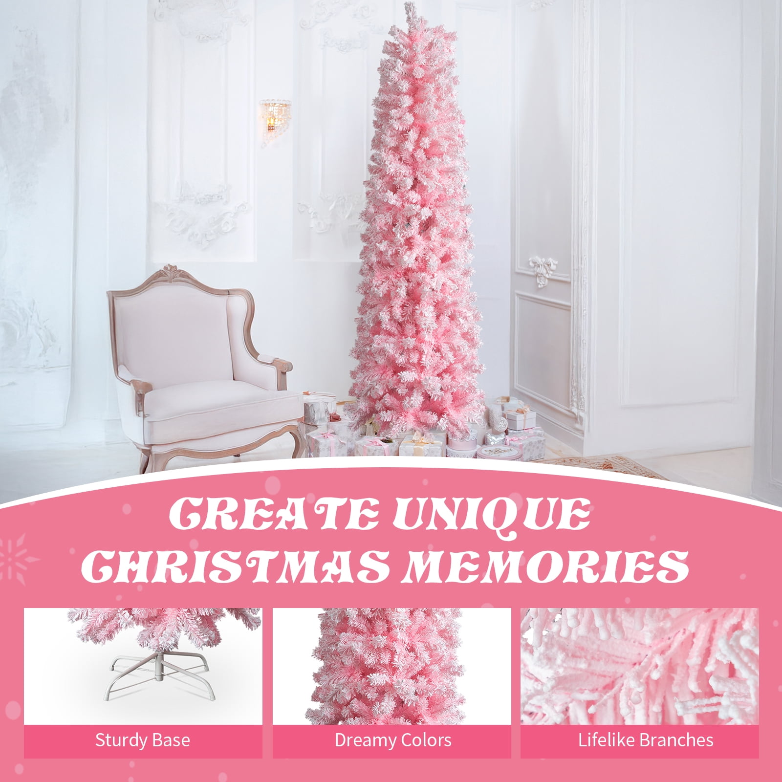Astoutdoor 7.5 ft Snowy Pink Flocked Artificial Pencil Christmas Tree with 641 Branch Tips and Sturdy Stand
