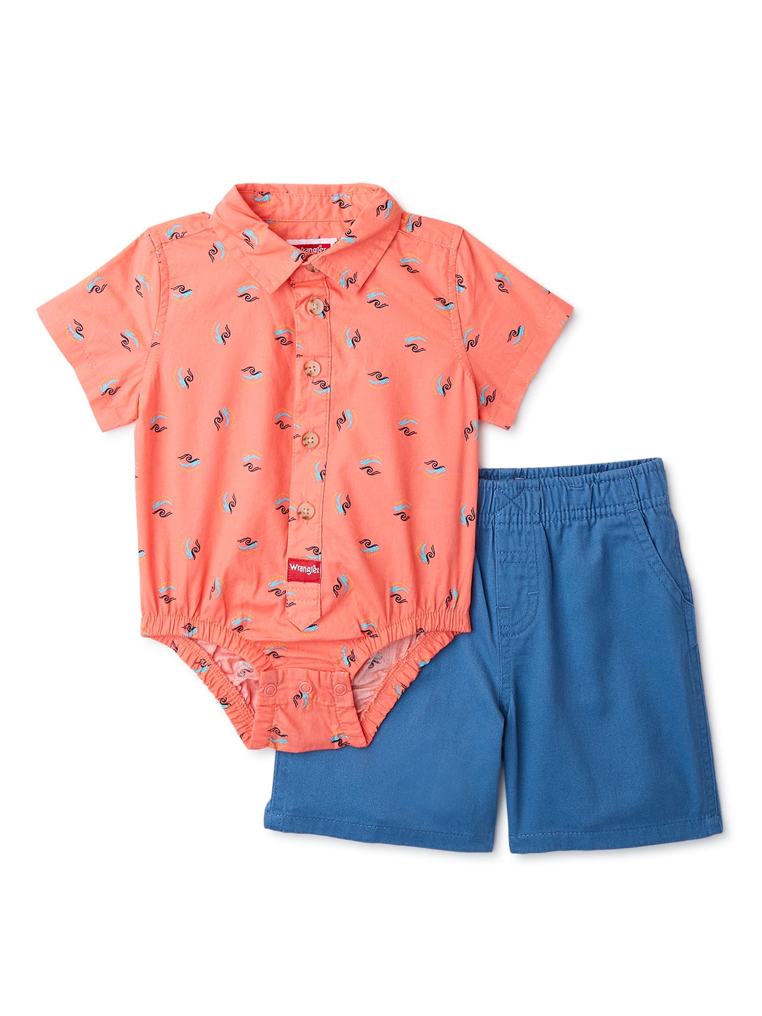 Wrangler Baby Boy Short Sleeve Woven Bodysuit with Woven Pants, 2Piece