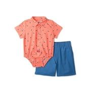 Wrangler Baby Boy Short Sleeve Woven Bodysuit with Woven Pants, 2-Piece Set, Sizes 0/3M-24M