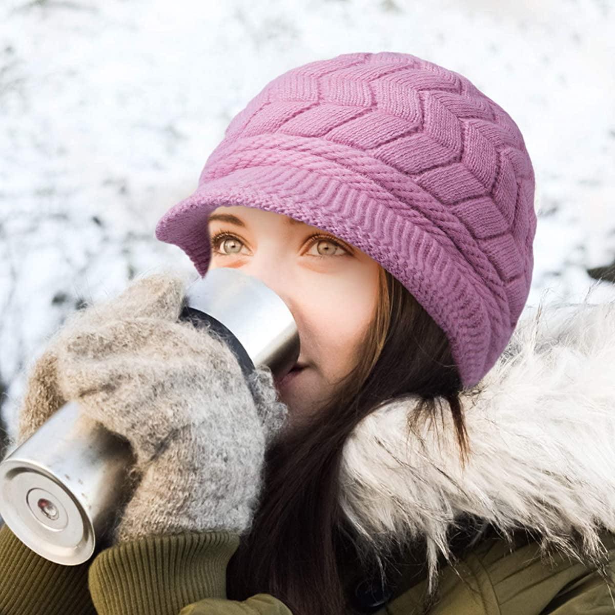 Women\'s Winter Beanie Warm Knitted Slouchy Wool Hats Cap with Visor, Dark Gray Womens Winter Beanie Hat Warm Knitted Slouchy Wool Hats Cap  main image 4