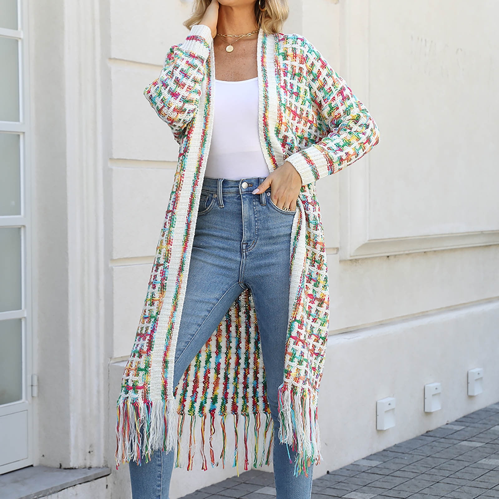 Cardigans Sweaters for Women Long Sleeve Open Front Tassels Oversized Knitted Coats Knee Length Checkered Color Block Soft Outerwear Sweater