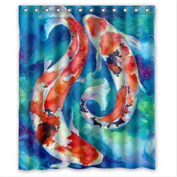 GreenDecor Japanese Koi Fish Waterproof Shower Curtain Set with Hooks