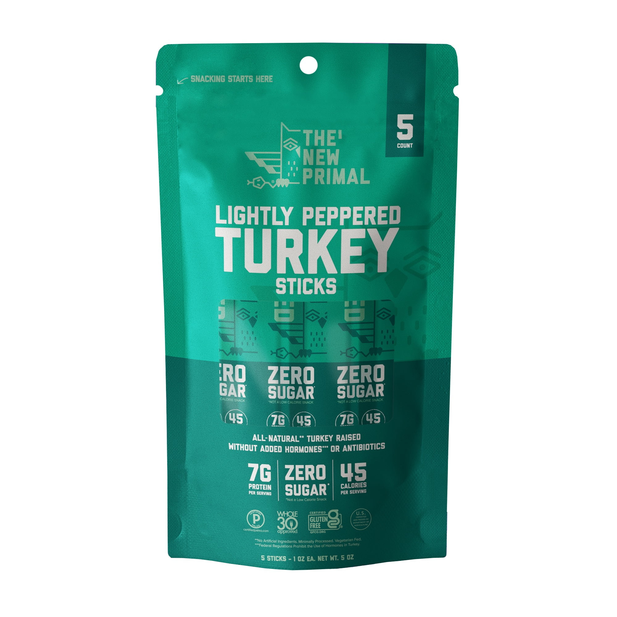 The New Primal Lightly Peppered Turkey Meat Sticks, 5 Count 1 oz Sticks