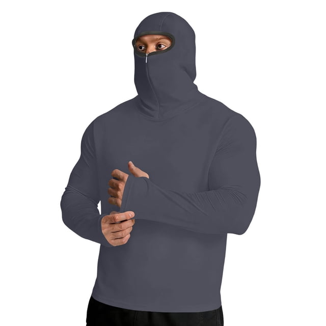 Mens Tops Long Sleeve Solid Color Hooded Sunscreen Top with Zipper Casual Sports Pullover Top