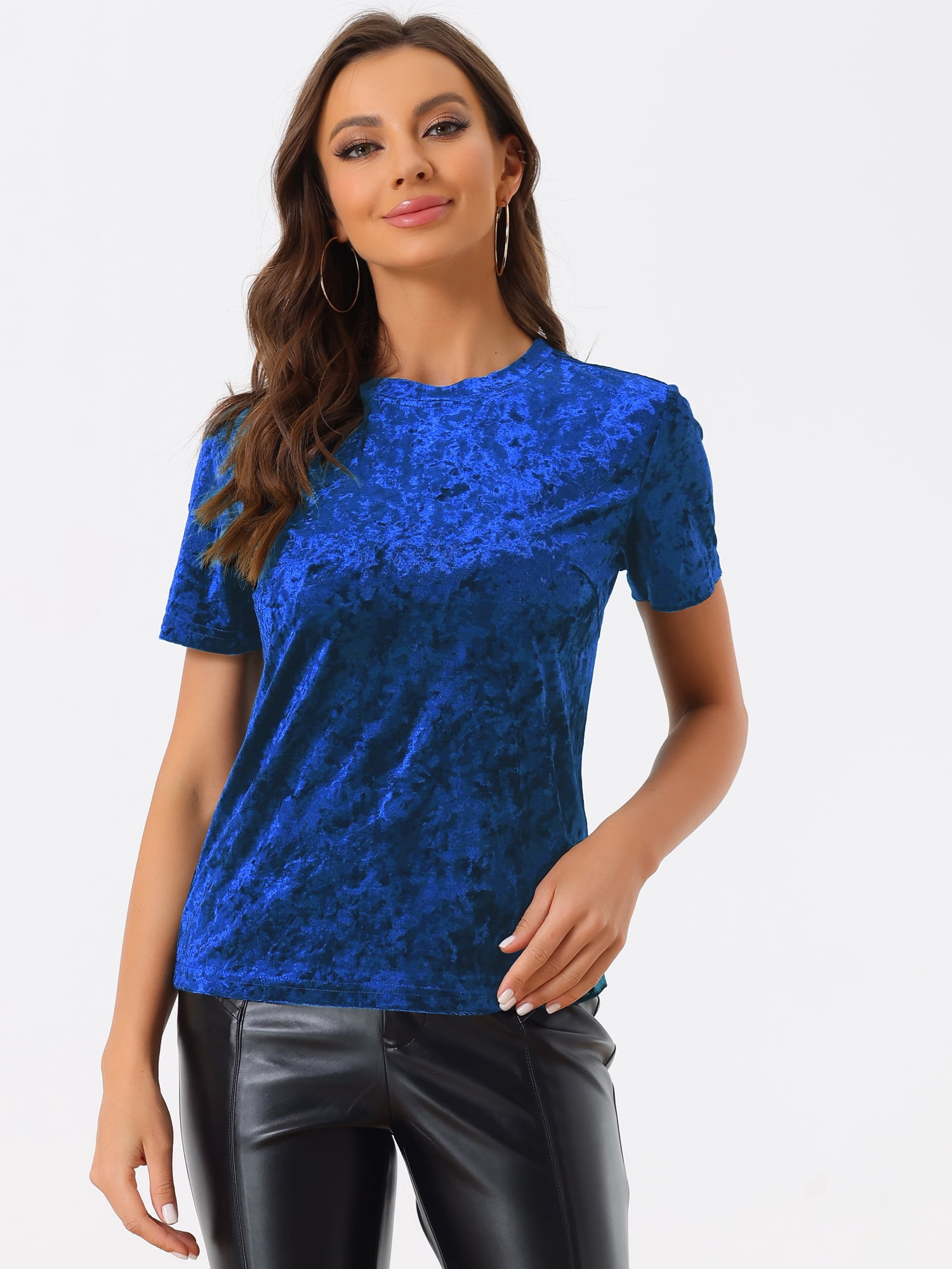 DARING DIVA Women's Velvet Blouse Tops Crew Neck Short Sleeve T-Shirt M Sapphire Blue