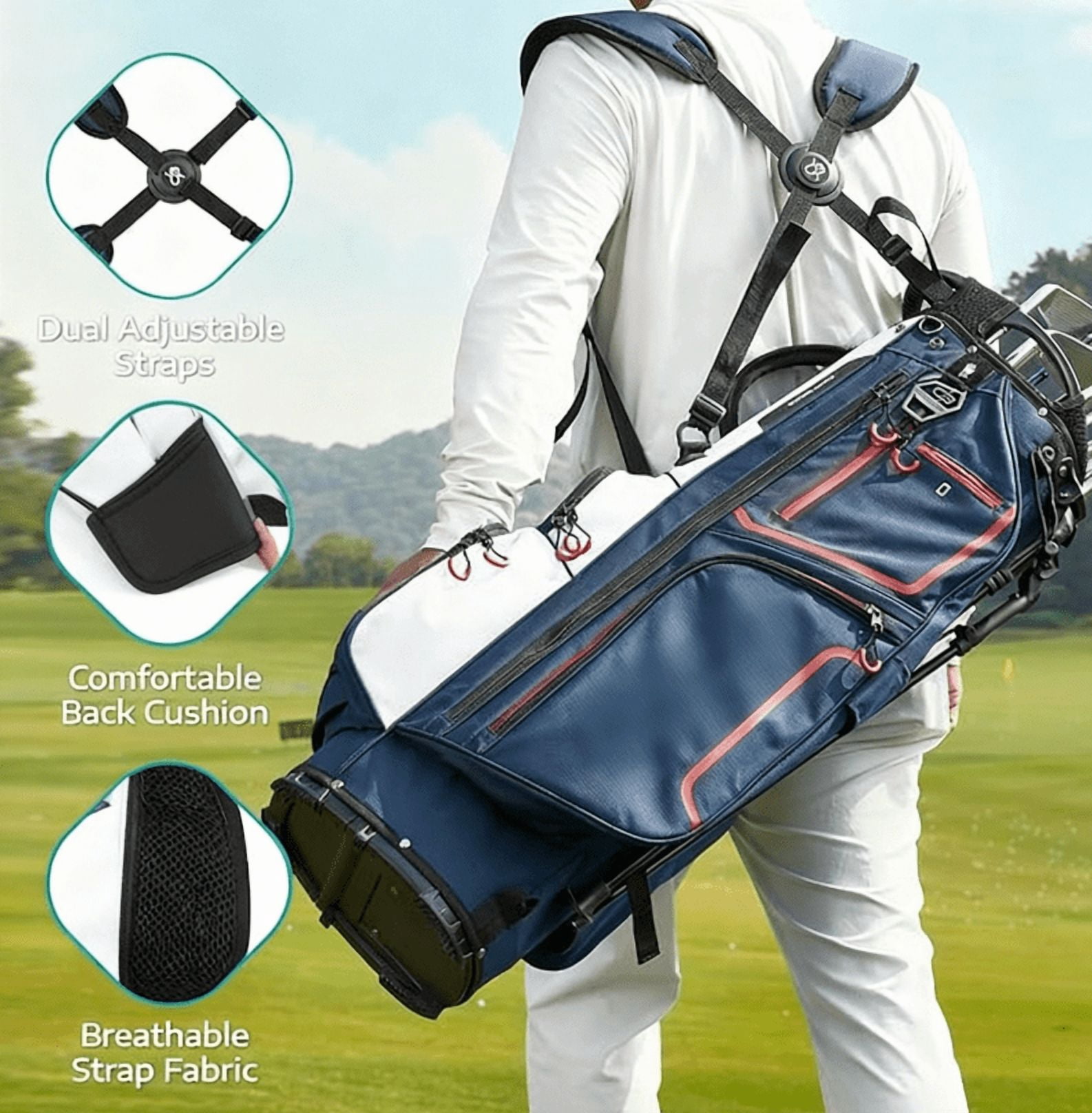 Golf Stand Bag with 14 Way Dividers, Lightweight Durable Toughened Stand, Cart Compatible Base, Ergonomic Dual Strap, Rain Hood, Ample Storage Pockets for Men and Women