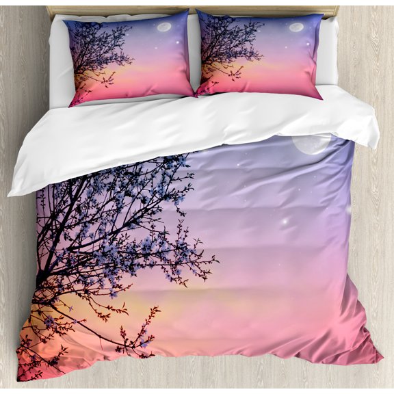 Night Duvet Cover Set, Dreamlike Ethereal Sky with Moon Stars and Blooming Spring Tree Branches, Decorative 3 Piece Bedding Set with 2 Pillow Shams, King Size, Blue Pale Pink Black, by Ambesonne
