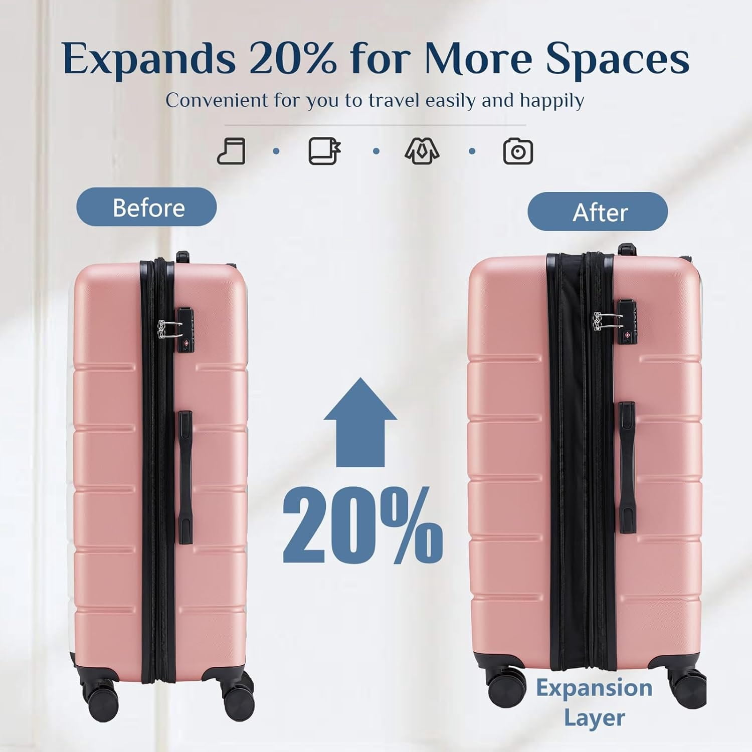 3-Piece Luggage Sets, Lightweight ABS Hard Shell Suitcase with Spinner Wheels, Expandable, TSA Lock & Retractable Handle