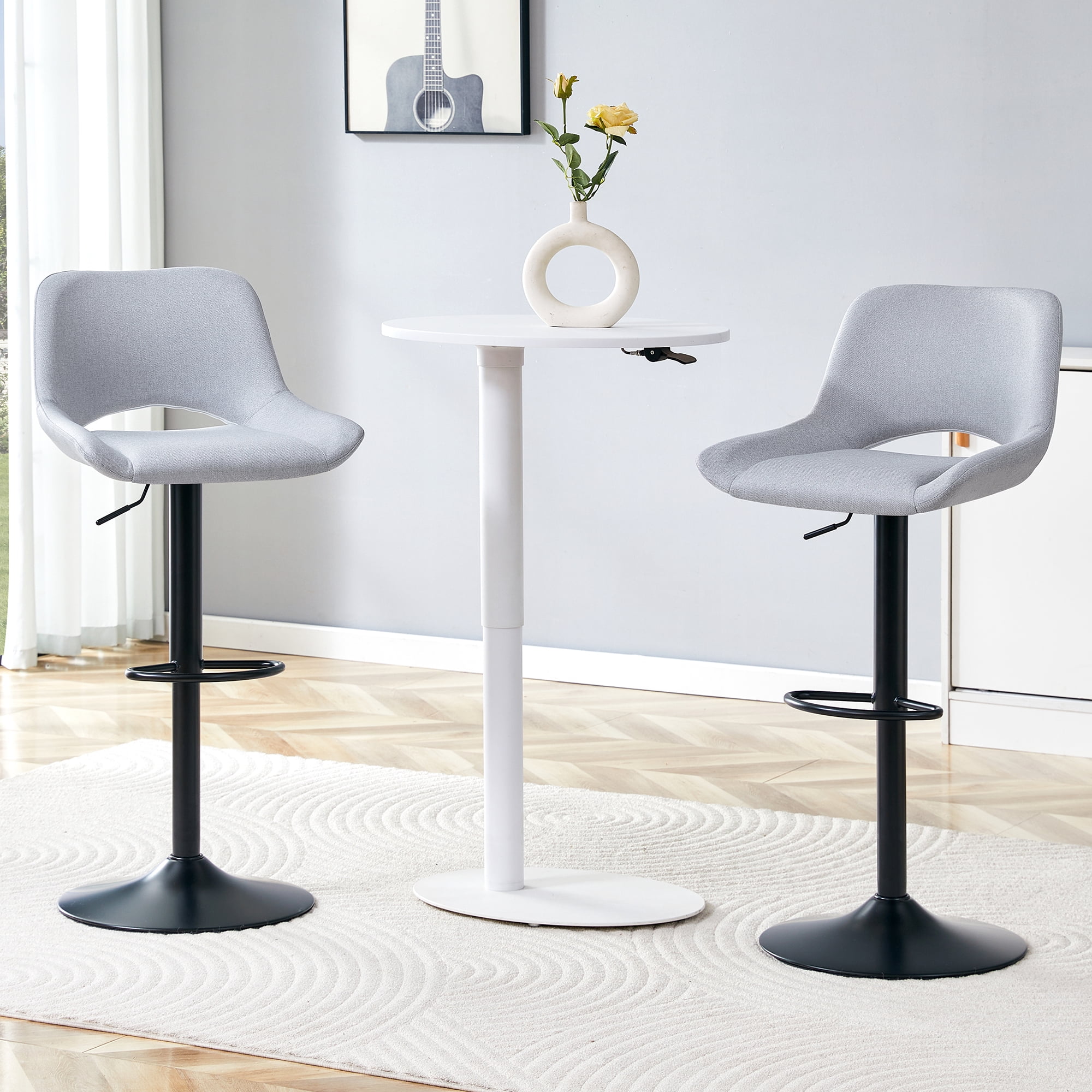Bar Stools Set of 2, Adjustable Height Swivel Bar Stools with Linen Fabric Seat, 360 Degree Rotating Counter Height Stools for Kitchen Island and Home Bar, Black Metal Frame