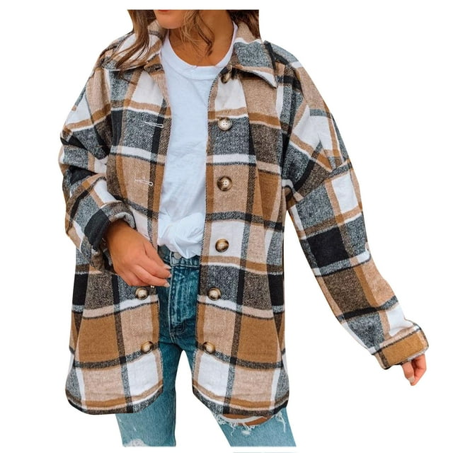 ZVAVZ Womens Plaid Shacket Jacket Plus Size Flannel Drape V Button Down Long Cardigan Fall Winter Coats for Women Brown,L