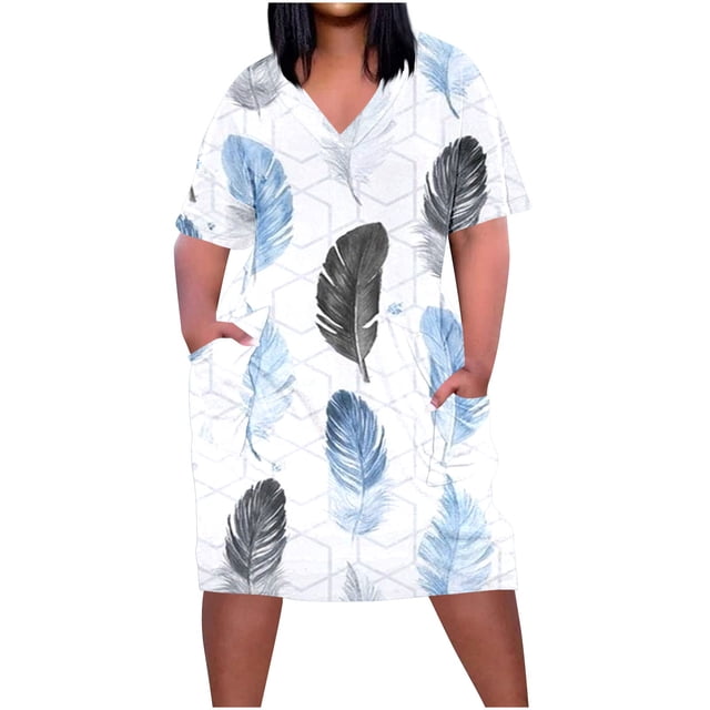 Vestido Corto de Verano Moda Grande Impresión de Manga Corta Cuello en V Bolsillo Mini Vestido para Casual Y Diario