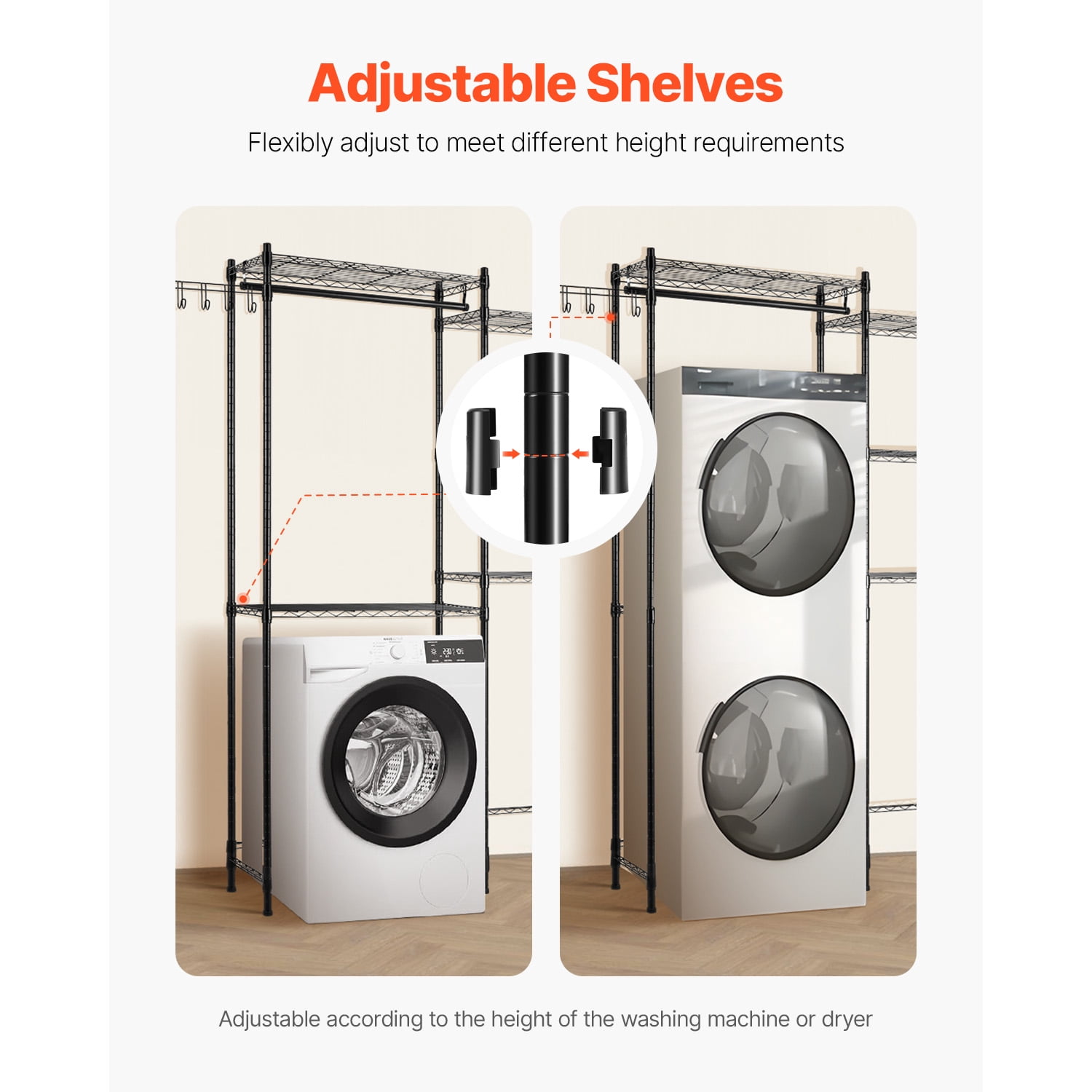 KFFKFF Over Washer and Dryer Storage Rack, 57.9" Clothes Drying Rack with Adjustable Shelves, Hanging Rod, Suitable for Laundry Room Storage & Arrangement, Black