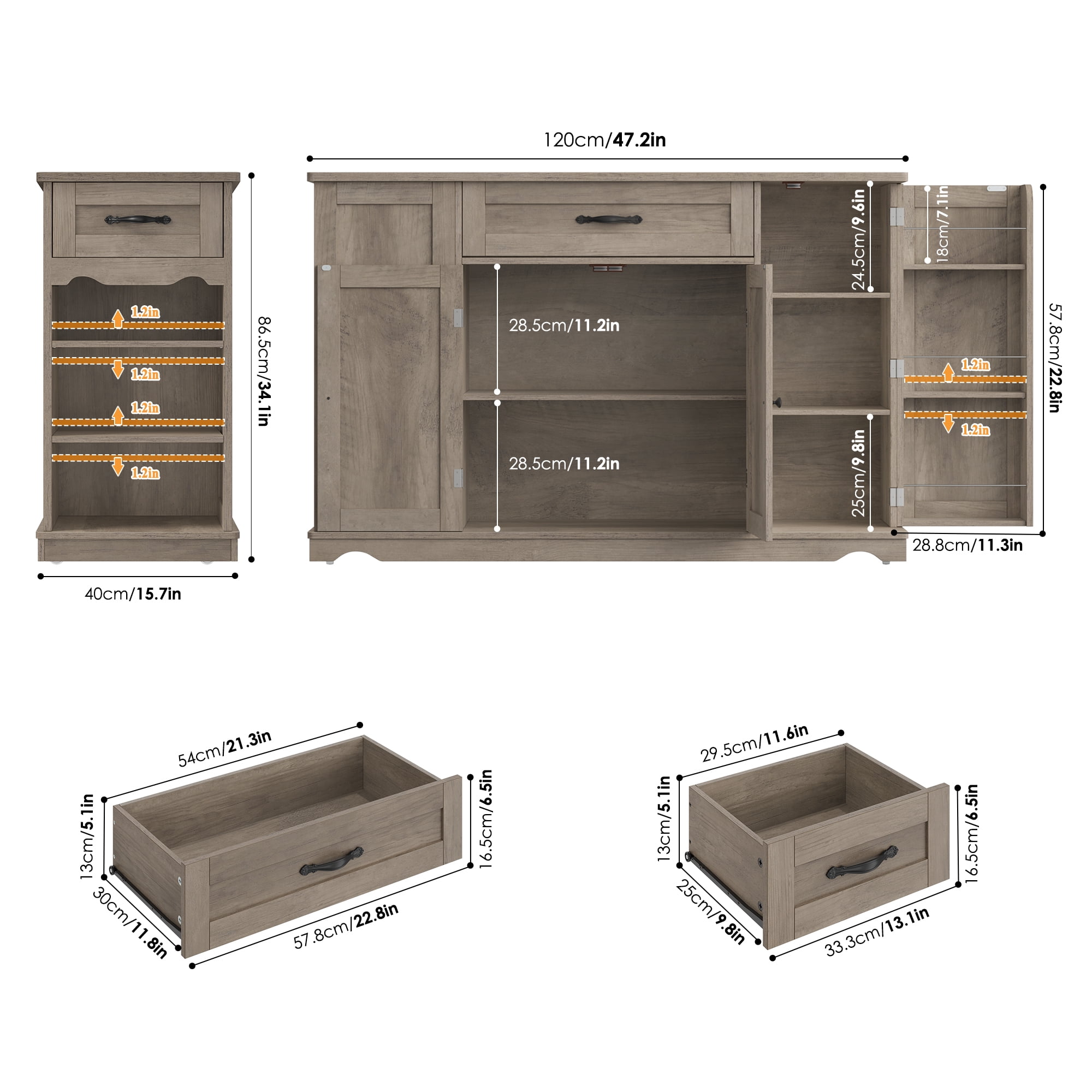 Homfa Kitchen Island with Wheels & Adjustable Shelf, 2 Drawer Farmhouse Buffet Cabinet Sideboard Coffee Bar for Dining Room Living Room, Gray