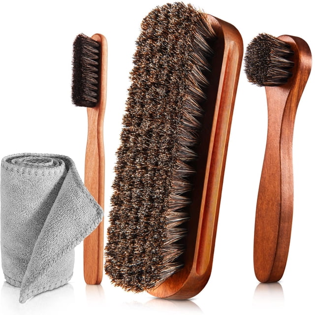 Kit de cepillos para zapatos ZJoey de 4 piezas con cerdas de crin y paño de pulido