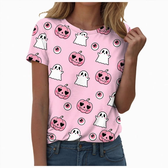 TOWED22 Halloween Shirts for Women Funny Halloween Ghost Tshirts Fall Spooky Pumpkin Gift Top(Pink,M)