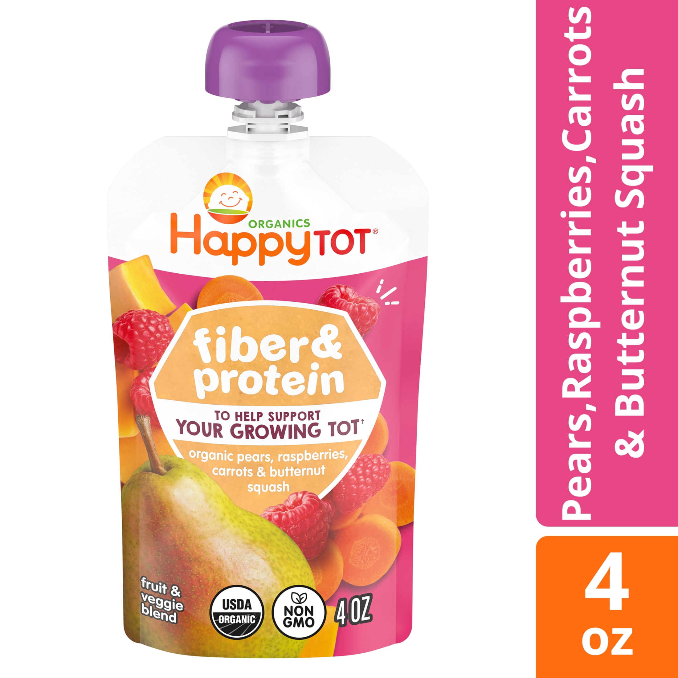 (3 pack) Happy Tot Organics Fiber & Protein Stage 4, Pears Raspberries Carrots & Butternut Squash Organic Tot Food, 4 oz. Pouch
