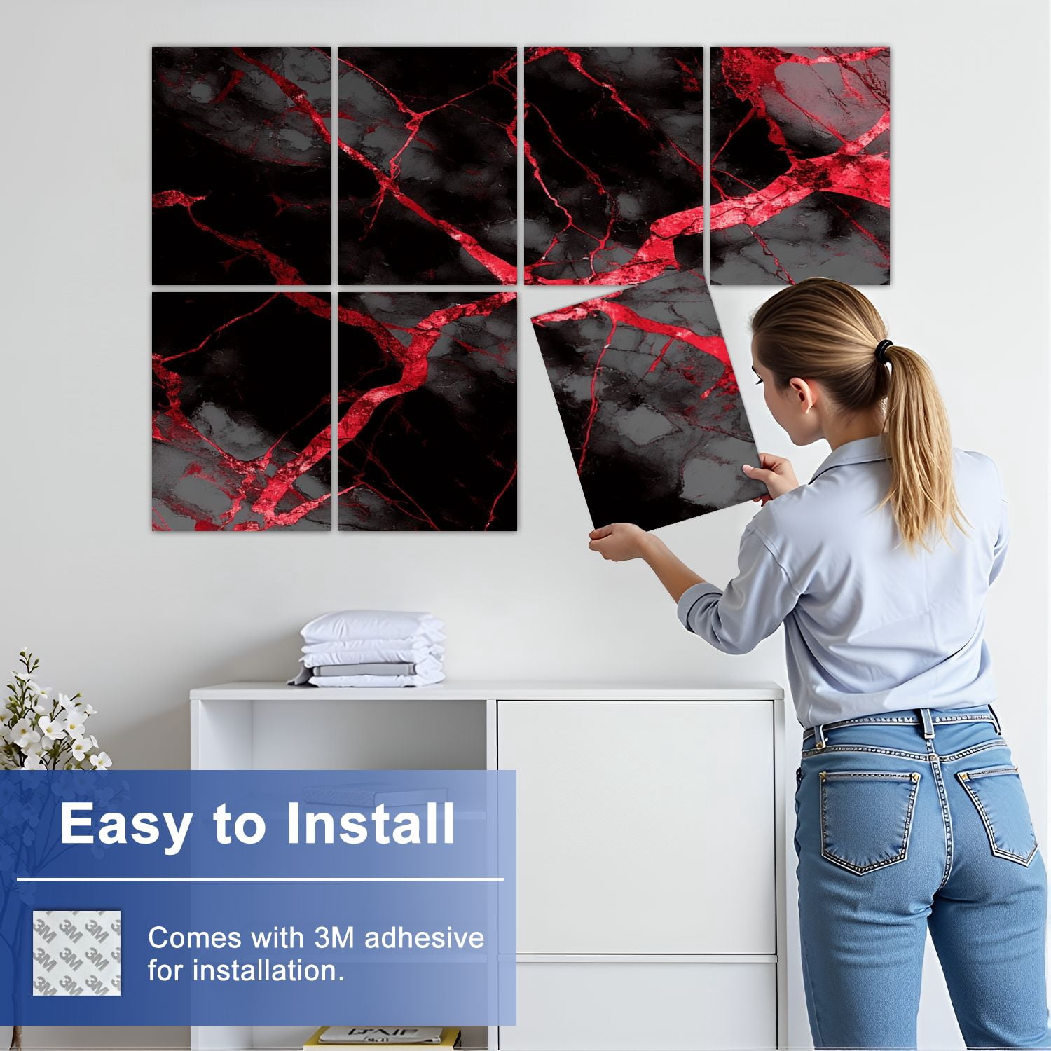 Modern Marble 8 Pack Art Acoustic Panels Sound Absorbing Red black marble Decorative Soundproof Wall Panels Self Adhesive for Nursery Game Room Bedroom 48"x32"