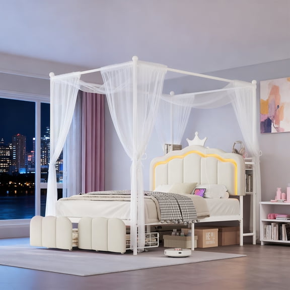 Vipuse Full Velvet Upholstered LED Canopy Bed Frame with 2 Storage Drawers and Charging Station, Crown Headboard with Bookshelf, Princess Platform Bed with 4 Removable Posts,Metal Slats Support-Beige