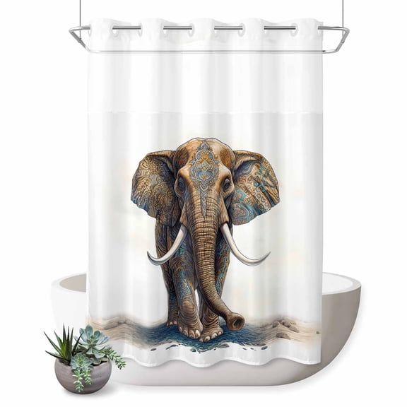 No Hook Shower Curtain with Built-in Rings - Vintage Boho Tribal Washable Waterproof Fabric Bathroom Curtains for Hotel,Rentals, 72X 96 Inch Extra Long , Elephants Ivory Chocolate Brown