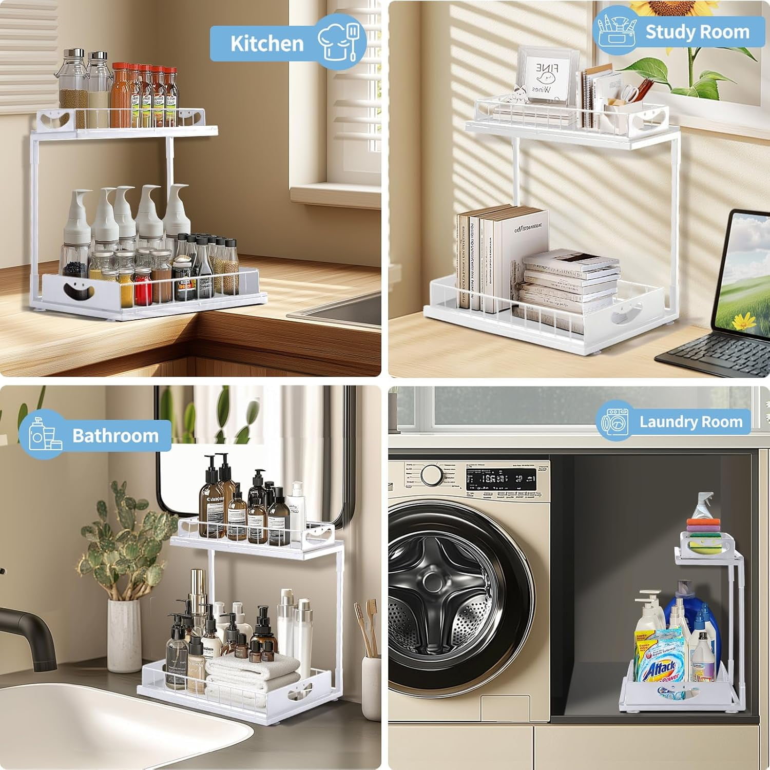 2 Pack Under Sink Organizer,Two Tier Sliding Kitchen Organization and Storage, Multi-Use Under Sink Organizer for Kitchen Bathroom Pantry Cabinet Closet,White