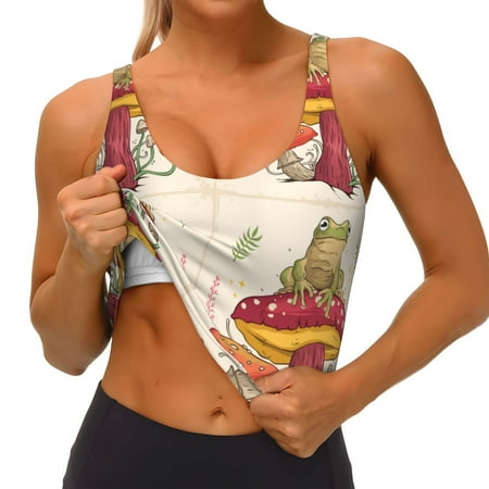 Qokaie Frog Sitting On Mushroom Pattern Womens Scoop Neck Sports Bra Breathable Workout Vest Padded U Back Medium Impact Fitness Gym Yoga Bra Workout Crop Top
