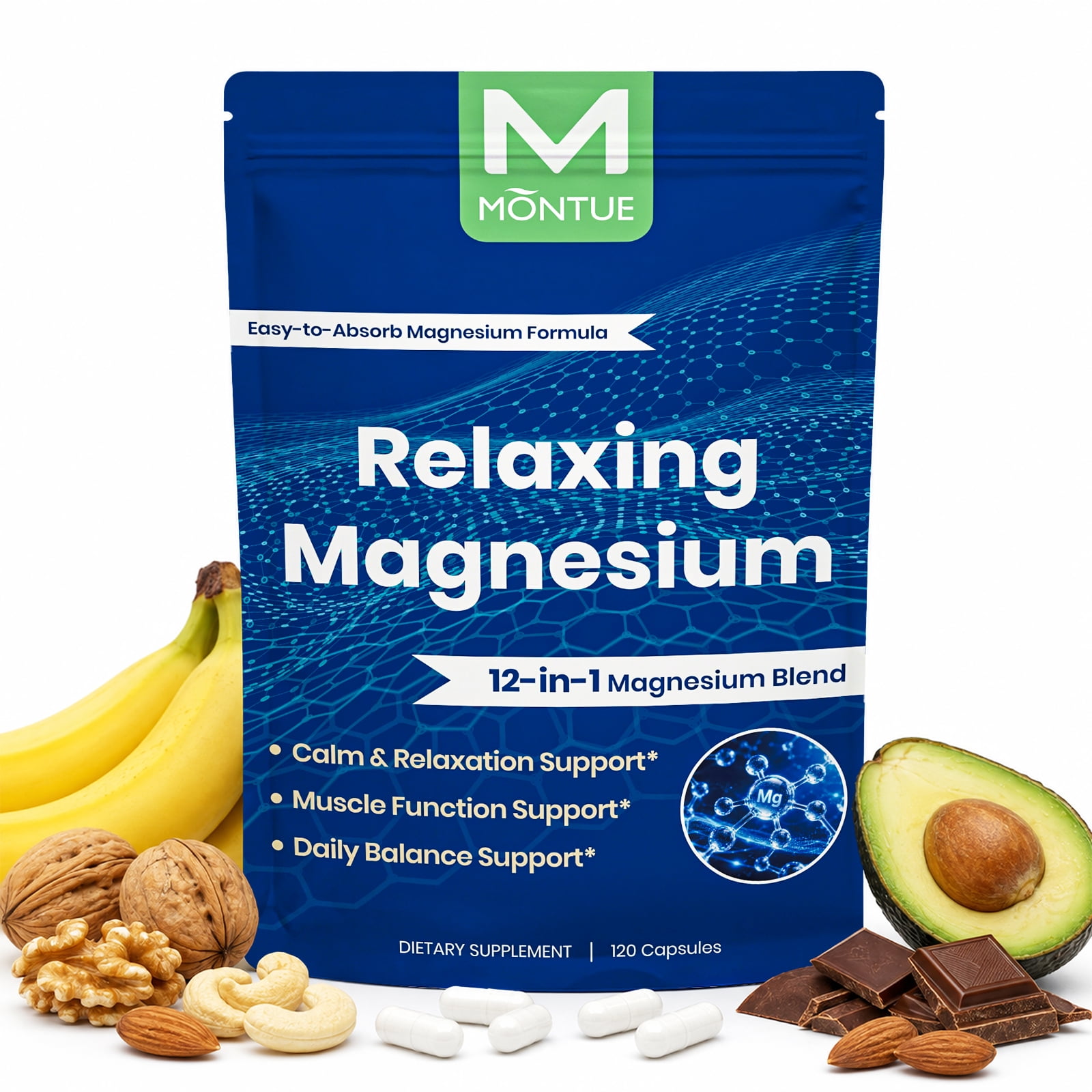 MONTUE Magnesium Supplement Capsules, 12-in-1 Magnesium Complex with Vitamin D3 Zinc, 120 Count