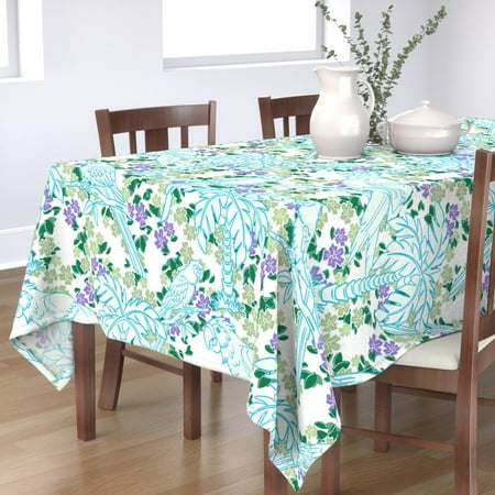 

Cotton Sateen Tablecloth 70 x 90 - Tropical Paradise Birds Palm Trees Purple Flowers Exotic Green Print Custom Table Linens by Spoonflower