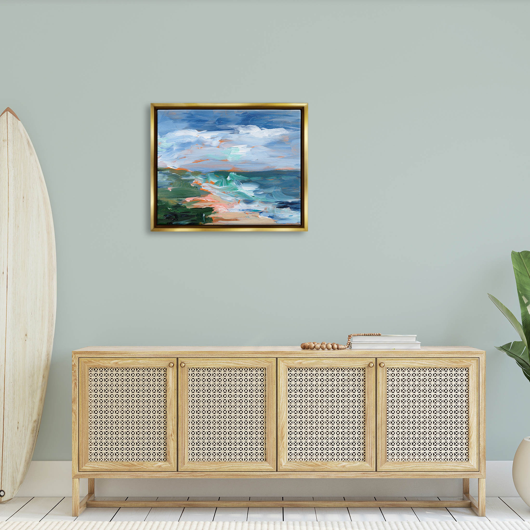 Crashing Beach Waves Abstract Scene Landscape Painting Metallic Gold Framed Art Print Wall Art