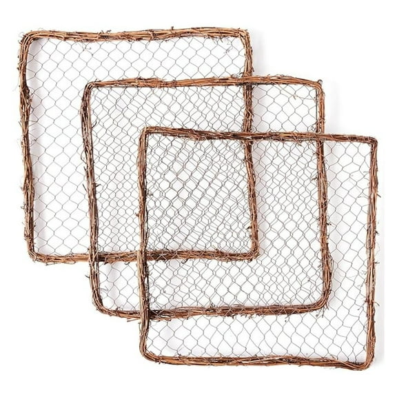 Natural 14" Grapevine Square Wreath with Chicken Wire Center | Set of 3 | and Metal Wreath for Holiday and Wedding Home Decor
