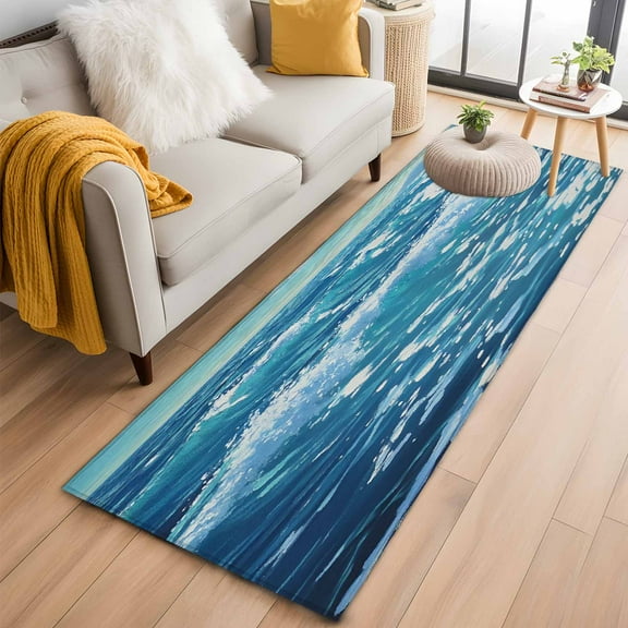 Blue Teal Coastal Kitchen Runner Rug 2x6 Washable Runners for Hallway Non Slip Sea Nautical Ocean Waves Summer Beach Large Area Rug Indoor Floor Carpet for Bathroom Laundry Entryway Bedroom
