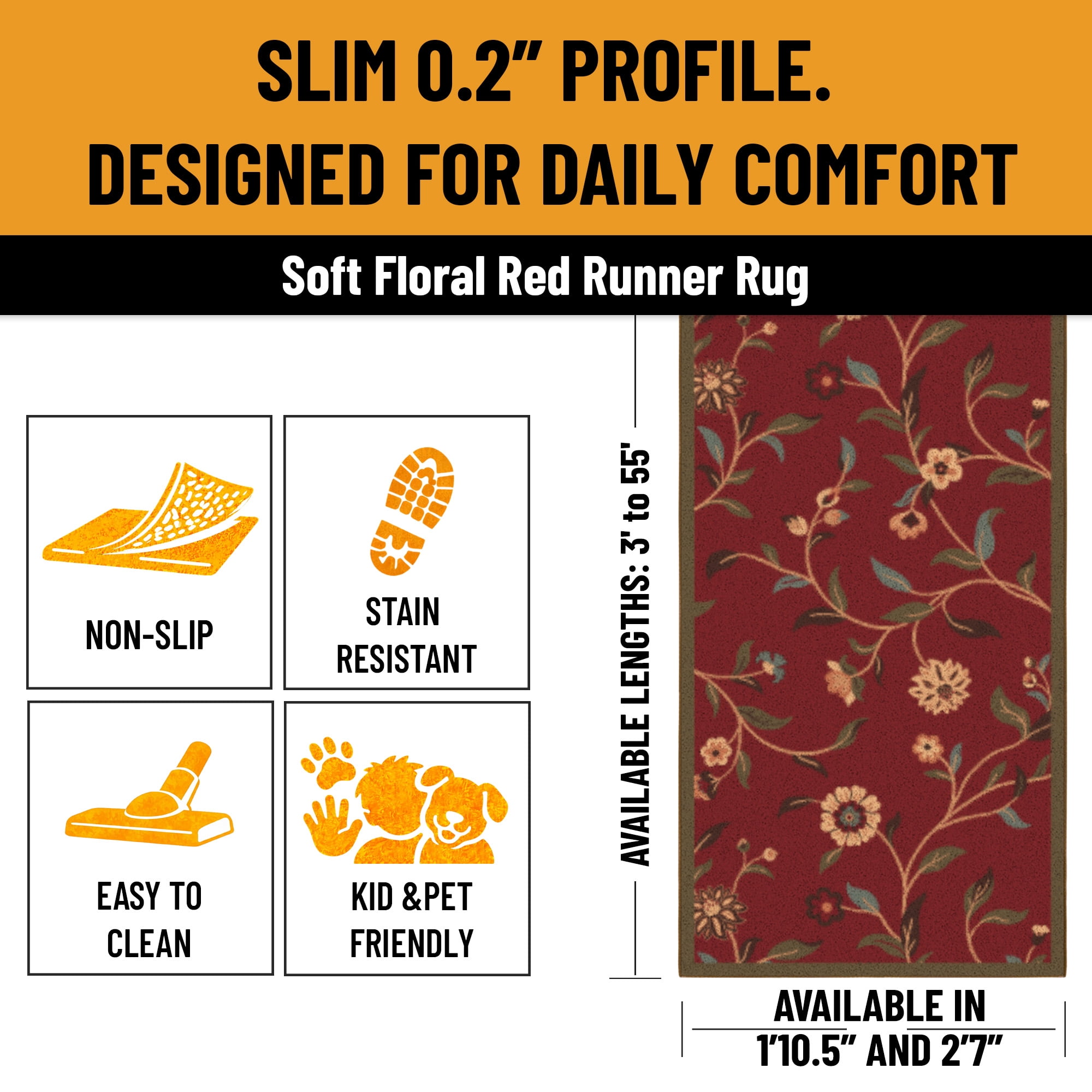 Ottomanson Hallway Runner Rug 2'7" x 11' – Non-Slip Low Pile Carpet for High Traffic Areas, Floral Red