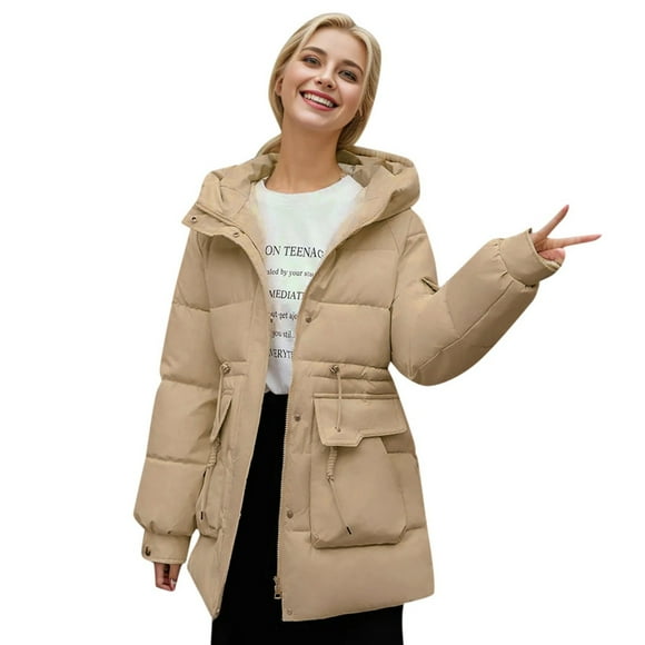 TJAZFJPA Womens Quilted Jacket Women Winter Mid Length Fashionable Drawstring Waist Simple Warm Solid Color Hooded Cotton Jacket Womens Winter Jackets Womens Corduroy Jacket