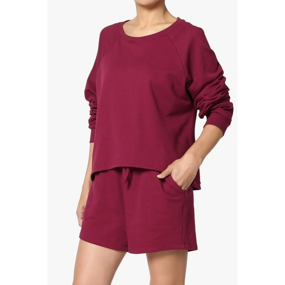 Women's Cotton Terry Long Sleeve Oversized Top & Drawstring Shorts SET
