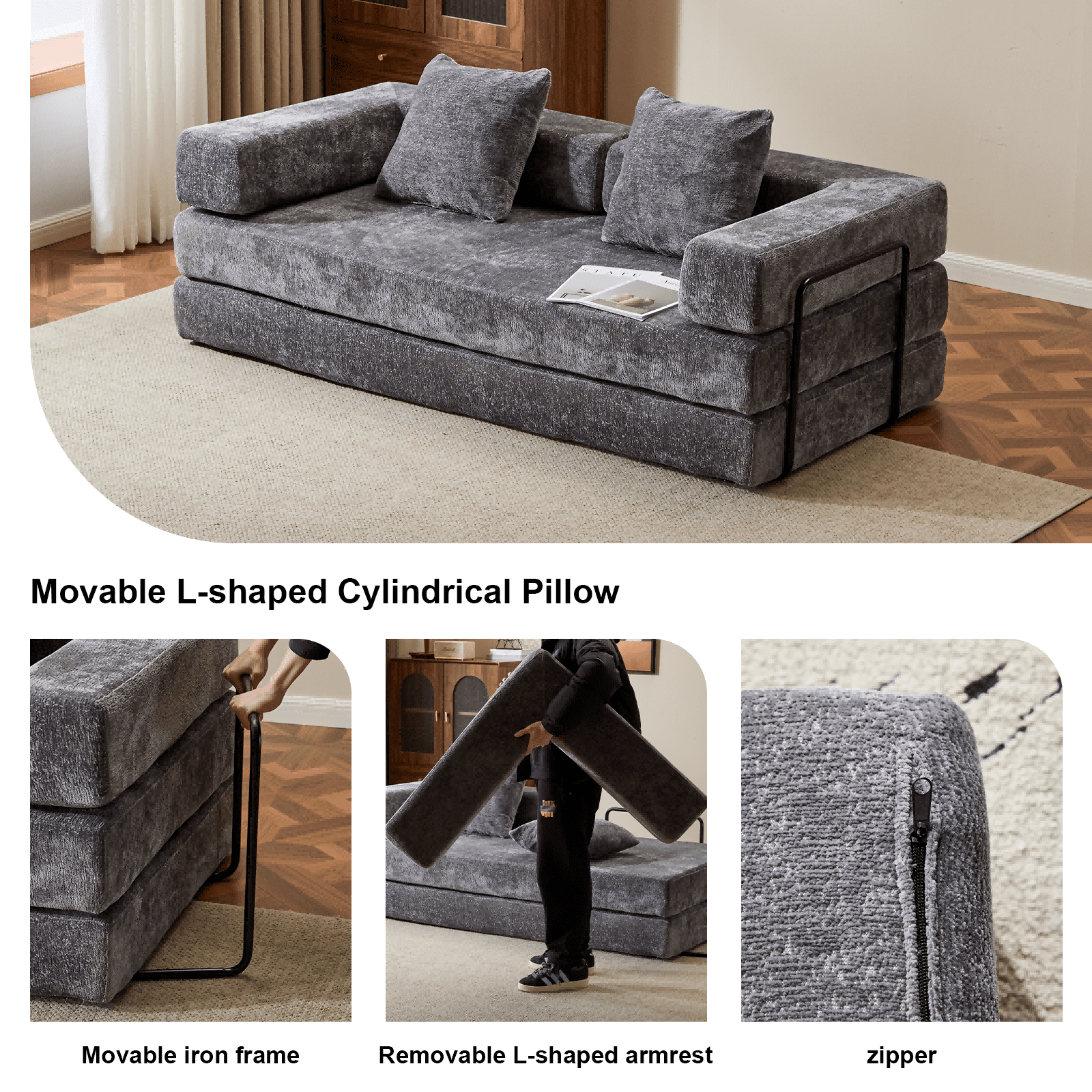 Alvantor 77" Convertible Sofa Bed, Compression Couch with 2 Pillow and Back Support Armrest for Living Room, Dark Gray
