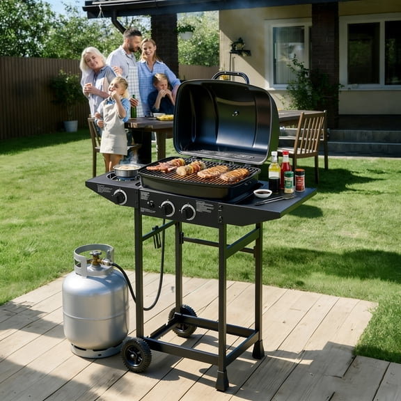 Fehomix 2 Burner Propane Gas Grill with Side Burner, 24000 BTU Compact Stainless Steel BBQ Grill, 237 Sq.In Porcelain Enamel Grates & Side Table for Patio, Balcony, Backyard Outdoor Cooking