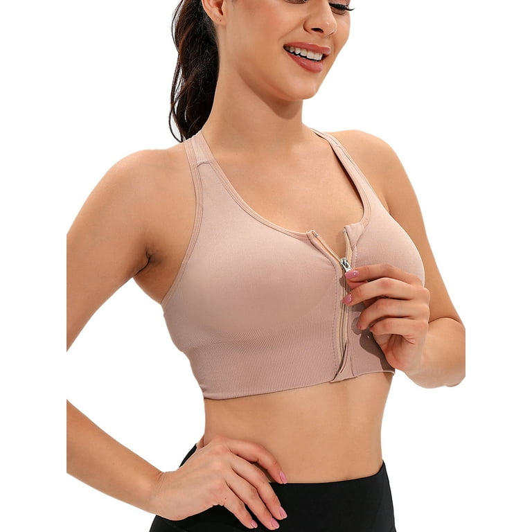 FANNYC Women's Solid Seamless Yoga Sports Bra Padded Front Zipper Closure  Racerback Sports Bra Gather Stretch Running Gym Workout Activewear Tops Yoga  Bras With Removable Cups 
