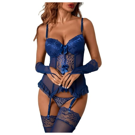 

EHTMSAK Bow Teddy Lingerie for Women Tummy Control Babydoll Lingerie Set Sexy Lace Bra and Panty Sets with Garter Blue M