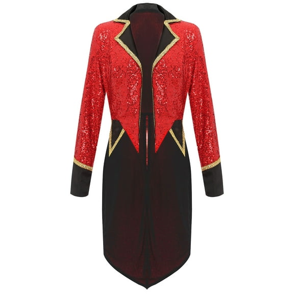 YiZYiF Women's Circus Ringmaster Costume Sequin Long Sleeve Showman Jacket Coat Classic Tailcoat Red 3XL
