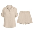 thumbnail image 4 of Xdegoge Linen Outfits Women 2 Piece Collar Button Down Short Sleeve Matching Set Tops and Shorts Summer Casual Lounge Vacation Breathable Beach Clothes, 4 of 6