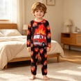 thumbnail image 3 of CAIVO Kids Halloween Print Flame Fire Truck O-Neck Long Sleeve Tops And Pants For Boys Cozy 2 Piece Pajama Set For Autumn, 3 of 7