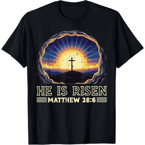 Men's Easter He is Risen Cross Matthew 28 6 Jesus T-Shirt, Comfortable Breathable Soft Tee, Men's 100% Cotton T-Shirt 180gsm