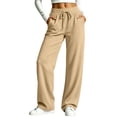 thumbnail image 2 of Xugsiok High Waist Sweatpants for Women Wide Leg Drawstring Loose Fit with Pockets Athletic Jogger Fall Outfits Khaki,3XL, 2 of 9
